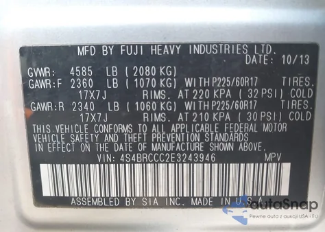 2014 Subaru Outback 2.5I Premium из США, поврежденный, VIN 4S4BRCCC2E3243946